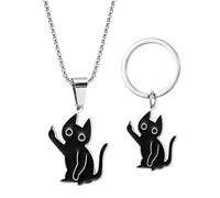 DUINIU 1 Pezzo di Portachiavi Gatto Nero E 1 Pezzo di Collana Gatto Nero, Accessori per Gatti in Acciaio Inossidabile, Accessori Divertenti Creativi, Regali Interessanti per Gli Amanti dei Gatti.
