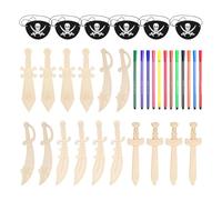 DUINIU 16 Pezzi di Trucioli di Legno per Coltelli da Pirata, 12 Pezzi di Matite Acquerellabili, 6 Pezzi di Maschere per Gli Occhi dei Pirati, Giocattoli Creativi dei Pirati, Materiali Fatti A Mano