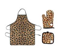 DUINIU Grembiule da Donna con Stampa Leopardata da 1 Pezzo, Guanti da 1 Pezzo, Tappetino da 1 Pezzo, Divertente Tuta Antivegetativa, Grembiule da Cucina per Uso Domestico, Giardinaggio.