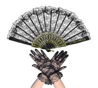 DUINIU Set di Ventagli E Guanti in Pizzo Nero da 2 Pezzi, Accessori per La Cena retrò, Oggetti di Scena per Foto di Nozze, Adatti per attività di Festa.