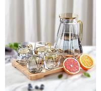 DUJUST - Brocca in Vetro con 4 Tazze & 1 Vassoio, Brocca per L'acqua con Disegno del Diamante Nero con Manico, Decorazione per La Stanza, Alta Durata per Teiera, Bevande, Caffè Caldo/Freddo