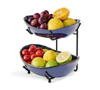 DUJUST Portafrutta a 2 Livelli, Supporto per Frutta in Ceramica con Smalto Vetrificato, Impilabile & Facile da Conservare, Vassoio Multifunzionale per Frutta/Verdure/Snacks - Blu Scuro
