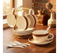 DUJUST Set cappuccino 4 pezzi marrone sfumato (260 ml), composto da tazze in ceramica con piattini, cucchiaini e supporti in metallo, realizzato per gli intenditori di caffè