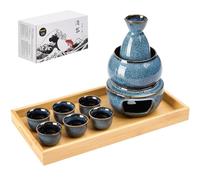 DUJUST Set da 10 sake giapponesi per 6, set per sake in porcellana smaltata alterata in forno, 6 tazze, 1 bottiglia, 1 scaldino, 1 fornello per candele, 1 vassoio e 1 scatola, caraffa calda, set