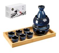 DUJUST Set da 10 sake giapponesi per 6, set per sake in porcellana smaltata alterata in forno, 6 tazze, 1 bottiglia, 1 scaldino, 1 fornello per candele, 1 vassoio e 1 scatola, caraffa calda, set
