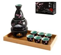 DUJUST Set da sake giapponese da 10 pezzi con scaldino, set da sake in porcellana con disegno Sakura & Fuji, 6 tazze da sake, 1 bottiglia, 1 scaldino, 1 fornello a candela, 1 vassoio e 1 scatola, Nero