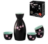 DUJUST Set da Sake Giapponese da 5 Pezzi, Set Tradizionale da Sake con Design Sakura, 1 Bottiglia da Sake con 4 Bicchieri da Sake, Regalo Giapponese Ideale per Gli Amanti del Sake - Nero