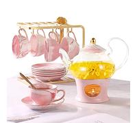 DUJUST Set da Tè Piccolo per Donna, Struttura in Marmo e Finiture Dorate, Set da Tè in Porcellana Rosa, 1 Teiera(650ml), 6 Tazze(120ml), 6 Ppiattini, 1 Ripiano e 1 Scaldavivande
