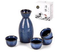 DUJUST Set di Sake Giapponese (5 PCS), Set di Sake in Porcellana con Smalto Modificato al Forno, 1 Bottiglia, 4 Tazze e 1 Scatola Regalo, Caffettiera Calda, Set Regalo Speciale Giapponese - Blu Scuro