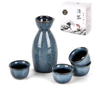 DUJUST Set di Sake Giapponese (5 Pezzi), Set di Sake in Porcellana con Smalto Modificato al Forno, 1 Bottiglia, 4 Tazze e 1 Scatola Regalo, Caffettiera Calda, Set Regalo Speciale Giapponese - Blu