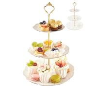DUJUST Torre di porcellana di lusso a 3 piani per cupcake, vassoio di servizio in stile britannico con finiture dorate, bellissimo regalo per feste di tè e decorazioni per la casa