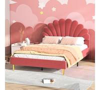 DULRLLY Lettino imbottito per bambini, 140 x 200 cm, letto matrimoniale con rete a doghe e testiera regolabile a forma di fiore, per ragazze, in velluto (rosso)