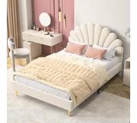 DULRLLY Lettino imbottito per bambini, 140 x 200 cm, letto matrimoniale con rete a doghe e testiera regolabile a forma di fiore, per ragazze, in velluto (beige)