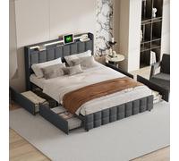 DULRLLY Letto 160 x 200 cm, con spazio di archiviazione, letto matrimoniale con funzione di ricarica USB e testiera a LED e 4 cassetti, letto per ragazzi con rete a doghe, senza materasso, lino
