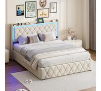 DULRLLY Letto 160 x 200 cm, con spazio di archiviazione, letto matrimoniale imbottito con LED e funzione di ricarica USB, letto idraulico, letto funzionale con vano portaoggetti e rete a doghe,