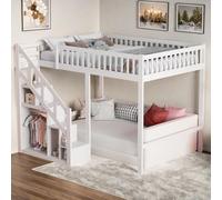 DULRLLY Letto a castello per bambini, 140 x 200 cm, letto a soppalco con scale e armadietto, letto a castello, letto a castello, letto a castello, per 2 bambini, colore: bianco