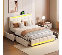 DULRLLY Letto con cassetti 140 x 200 cm, letto matrimoniale con 4 cassetti, imbottito con funzione di ricarica LED e USB, letto con rete a doghe, senza materasso, lino (beige)