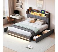 DULRLLY Letto con cassetti, letto matrimoniale 140 x 200 cm, con vano portaoggetti, letto imbottito con testiera a LED e funzione di ricarica USB, letto per ragazzi, telaio con rete a doghe, senza