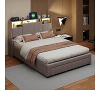 DULRLLY Letto con cassetti, letto matrimoniale imbottito, 140 x 200 cm, con illuminazione a LED, testiera con spazio di archiviazione e funzione di ricarica USB, letto per ragazzi con rete a doghe