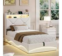 DULRLLY Letto con rete a LED e USB, letto singolo imbottito, testiera imbottita con ripiani aperti e ripostiglio nascosto, telaio letto 1 posto per ragazzo e bambini (beige B, 90 x 200 con cassaforte