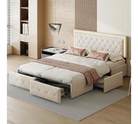 DULRLLY Letto con vano portaoggetti, letto imbottito con 4 cassetti e testiera LED, letto matrimoniale con rete a doghe, letto funzionale, letto per ragazzi, schienale in poliuretano (beige, 140 x 200