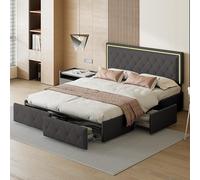 DULRLLY Letto con vano portaoggetti, letto imbottito con 4 cassetti e testiera LED, letto matrimoniale con rete a doghe, letto funzionale, letto per ragazzi, schienale letto, in poliuretano (grigio