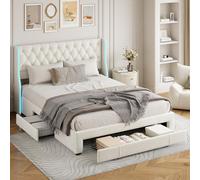DULRLLY Letto imbottito 140 x 200 cm, con vano portaoggetti, letto matrimoniale a LED, con 3 cassetti e rete a doghe, letto per ragazzi, con illuminazione a LED, testiera e spazio di archiviazione