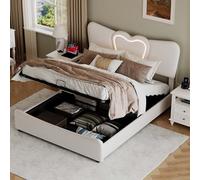 DULRLLY Letto imbottito 140 x 200 cm, letto con vano portaoggetti, letto matrimoniale con illuminazione a LED e porte USB, letto per ragazzi e ragazzi, letto funzionale con rete a doghe, velluto
