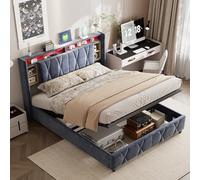 DULRLLY Letto imbottito 140 x 200 cm, letto idraulico con vano portaoggetti, testiera con illuminazione a LED e funzione di ricarica USB, letto con rete a doghe, senza materasso, velluto