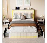 DULRLLY Letto imbottito 140 x 200 cm, letto matrimoniale a LED con 4 cassetti e rete a doghe, letto per ragazzi con testiera a LED e funzione di ricarica USB, in lino, senza materasso (beige, 140 x