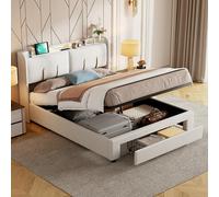 DULRLLY Letto imbottito con spazio idraulico e cassetti, letto matrimoniale con vano portaoggetti, testiera con luce LED e presa USB, struttura del letto con rete a doghe, senza materasso, bianco (160