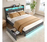 DULRLLY Letto matrimoniale 160 x 200 cm, letto imbottito con 4 cassetti, struttura del letto con rete a doghe, telaio del letto con vano portaoggetti, letto per ragazzi, testiera con illuminazione a