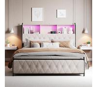 DULRLLY Letto matrimoniale con cassetti, 140 x 200 cm, con vano portaoggetti, letto imbottito con vano portaoggetti, testiera e funzione di ricarica USB, letto per giovani, struttura del letto con