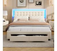 DULRLLY Letto matrimoniale imbottito, 140 x 190 cm, con illuminazione a LED e 2 cassetti, letto con spazio per ragazzi con rete a doghe, idraulica, senza materasso, beige