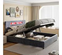 DULRLLY Letto matrimoniale imbottito 140 x 200 cm, idraulico, con testiera a LED e grande spazio di archiviazione, letto funzionale, letto con rete a doghe, per adulti e ragazzi, senza materasso