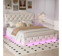 DULRLLY Letto per ragazzi 140 x 200 cm, con vano portaoggetti e illuminazione a LED, struttura idraulica, letto con rete a doghe, letti a molle, senza materasso, lino