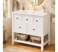 DUlVBPE 76 x 46,5 x 82 cm, lavabo autoportante, completamente laccato, 5 cassetti + ripiani aperti, lavabo in ceramica integrato, guide per cassetti silenziose, bianco.