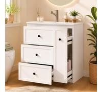 DUlVBPE 76 x 46 x 82 cm, lavabo autoportante, completamente laccato, cassetto estraibile laterale, ampio spazio portaoggetti, lavabo in ceramica integrato, guide scorrevoli silenziose, bianco.
