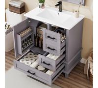 DUlVBPE 76 x 46 x 83,5 cm Armadietto da pavimento con lavandino, lavabo, laccato, scaffale per porta, tre cassetti silenziosi, lavabo in ceramica integrato, colore: grigio