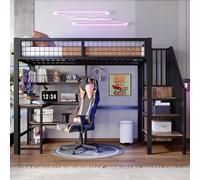 DUlVBPE 90 x 200 cm, letto a soppalco in ferro, sottotutto, più ripiani, senza materasso, armadio a muro, nero