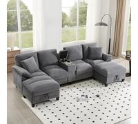 DUlVBPE Ampio divano a 4 posti a forma di U con vano portaoggetti, tessuto in velluto e cuscino, portabevande in acciaio inox e due porte USB, adatto per soggiorno, camera da letto e appartamenti