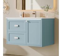 DUlVBPE Armadietto da bagno, 76 x 46 x 51 cm, completamente laccato, illuminazione a LED, due cassetti, guide scorrevoli, lavabo integrato, blu