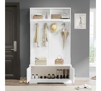 DUlVBPE Armadietto d'ingresso bianco con vano portaoggetti nella parte inferiore del sedile con 4 ganci per appendere e 2 scomparti nella parte superiore per riporre i vestiti, guardaroba, scarpiera