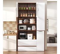 DUlVBPE Armadio alto con ripiani regolabili e cassetti, credenza con ripiani estraibili e vetro scanalato, ideale per sala da pranzo, soggiorno e cucina (bianco + noce)