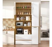 DUlVBPE Armadio alto con ripiani regolabili e cassetti, credenza con ripiani estraibili e vetro scanalato, ideale per sala da pranzo, soggiorno e cucina (bianco + naturale)