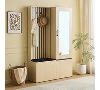 DUlVBPE Armadio combinato con specchio e panchina - Moderno set di mobili da corridoio con asta appendiabiti estraibile, portascarpe 4 ganci e panca imbottita