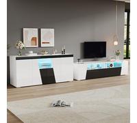 DUlVBPE Combinazione di mobile TV e mobiletto, 180 x 38,5 x 45 cm, lucido, mobile per TV con illuminazione a LED, basso, 140 x 40 x 65 cm, credenza per soggiorno, bianco e nero