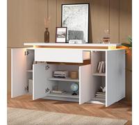 DUlVBPE Credenza con illuminazione a LED - Comò con 1 cassetto e 4 ante per soggiorno, corridoio o cucina, colore bianco, dimensioni (L x P x A): 140 x 40 x 80 cm