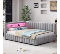 DUlVBPE Divano letto imbottito 140 x 200 cm, tessuto di velluto imbottito con luce a LED e porta di ricarica USB, con schienale, testiera e telaio robusto del letto, grigio