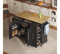 DUlVBPE Isola Cucina con Drop Leaf Storage Cart con 3 Animali Pull Out Cabinet Organizer, Rack Internal Storage Rack, Rolling Cart su Ruote con Portasciugamani e 2 Cassetti per Sala da Pranzo, Nero